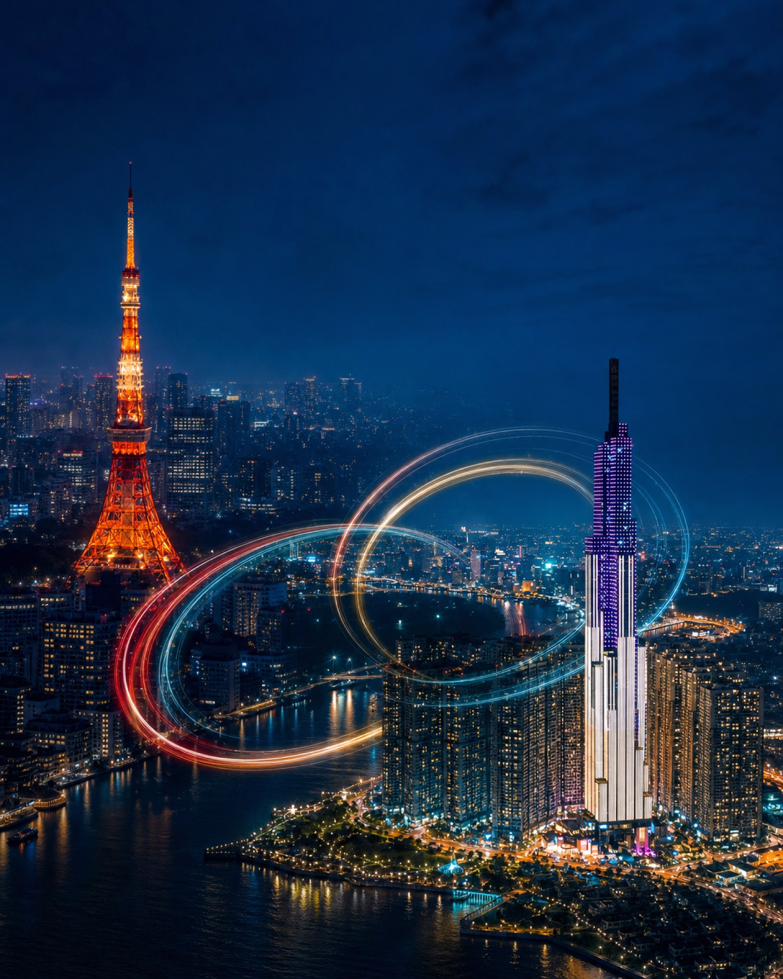 東京タワー（日本）とランドマーク81（ベトナム・ホーチミン）を結ぶ夜景 — 日越をつなぐVCCのM&A・市場参入支援